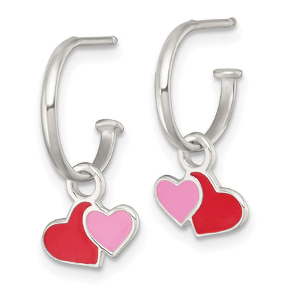 Sterling Silver Enameled Hearts Children's Post C-Hoop Dangle Earrings