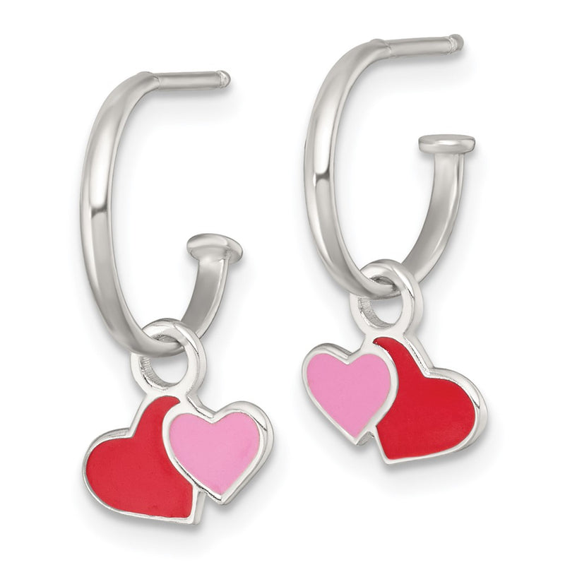 Sterling Silver Enameled Hearts Children's Post C-Hoop Dangle Earrings