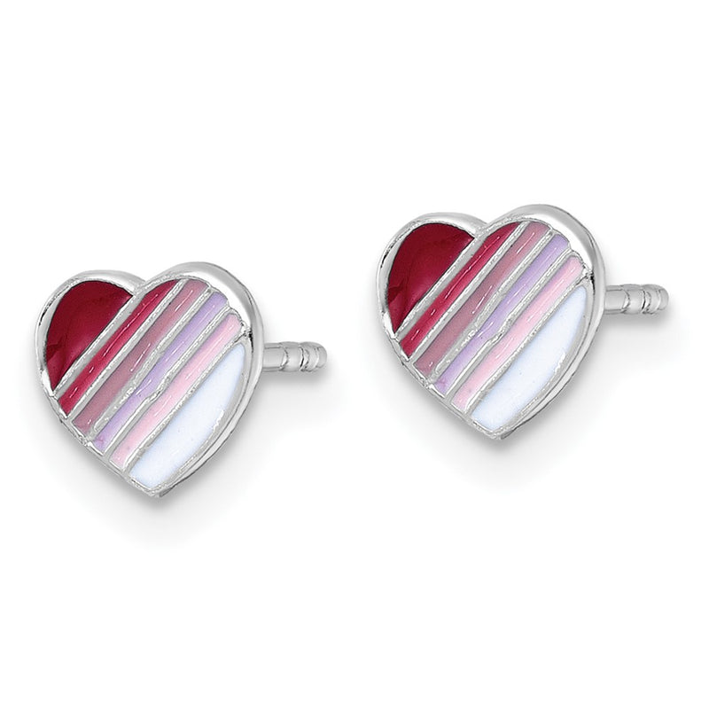 Sterling Silver Madi K Rhodium Plated Enamel Striped Heart Children's Post Earrings