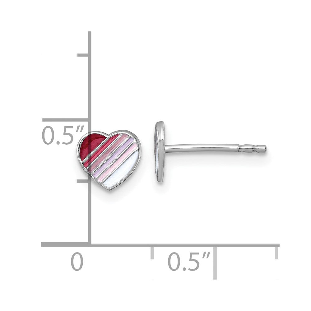Sterling Silver Madi K Rhodium Plated Enamel Striped Heart Children's Post Earrings