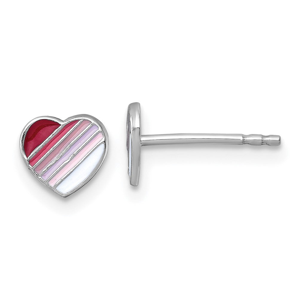 Sterling Silver Madi K Rhodium Plated Enamel Striped Heart Children's Post Earrings