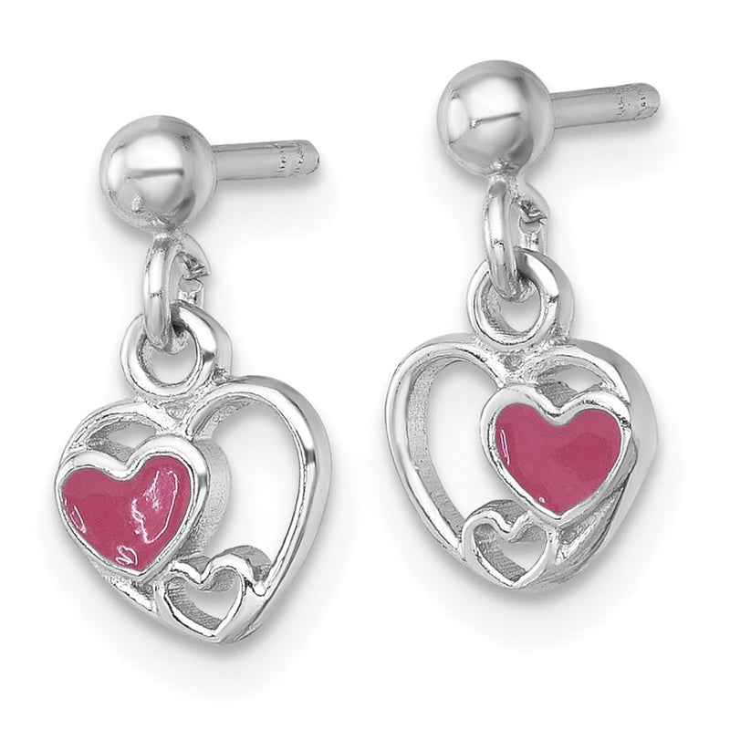 Sterling Silver Rhodium-Plated Enamel Triple Heart Post Dangle Earrings