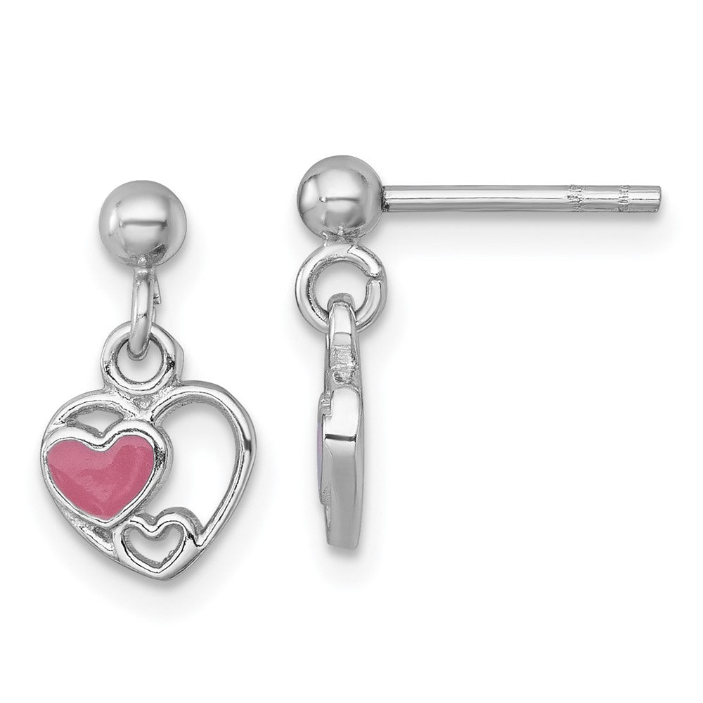 Sterling Silver Rhodium-Plated Enamel Triple Heart Post Dangle Earrings