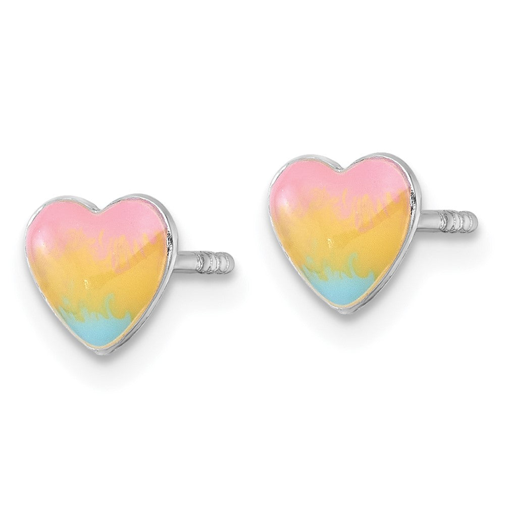 Sterling Silver Madi K Rhodium Plated Enamel Rainbow Heart Children's Post Earrings