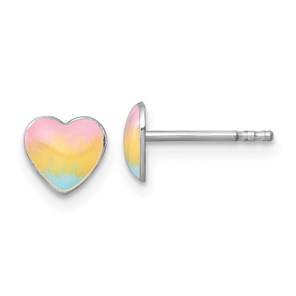 Sterling Silver Madi K Rhodium Plated Enamel Rainbow Heart Children's Post Earrings