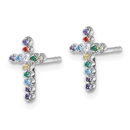 Sterling Silver Rhodium Plated Children's CZ Cross Post Earrings