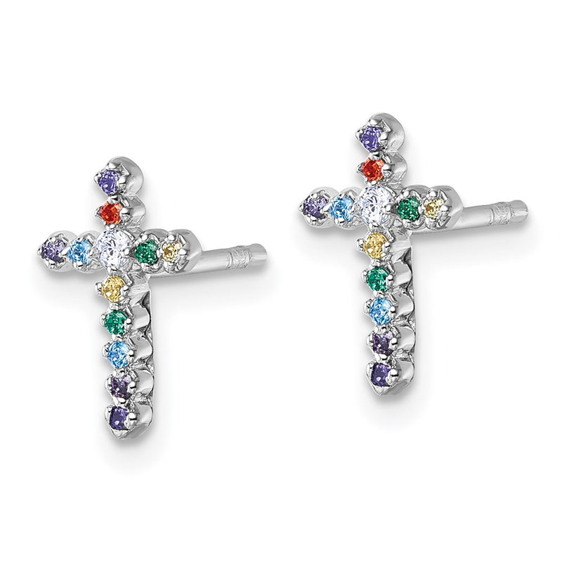 Sterling Silver Rhodium Plated Children's CZ Cross Post Earrings