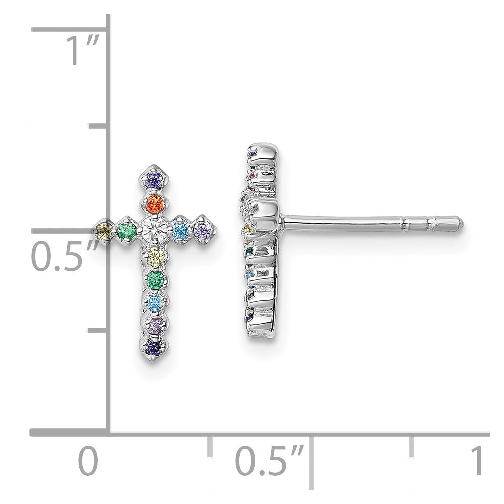 Sterling Silver Rhodium Plated Children's CZ Cross Post Earrings