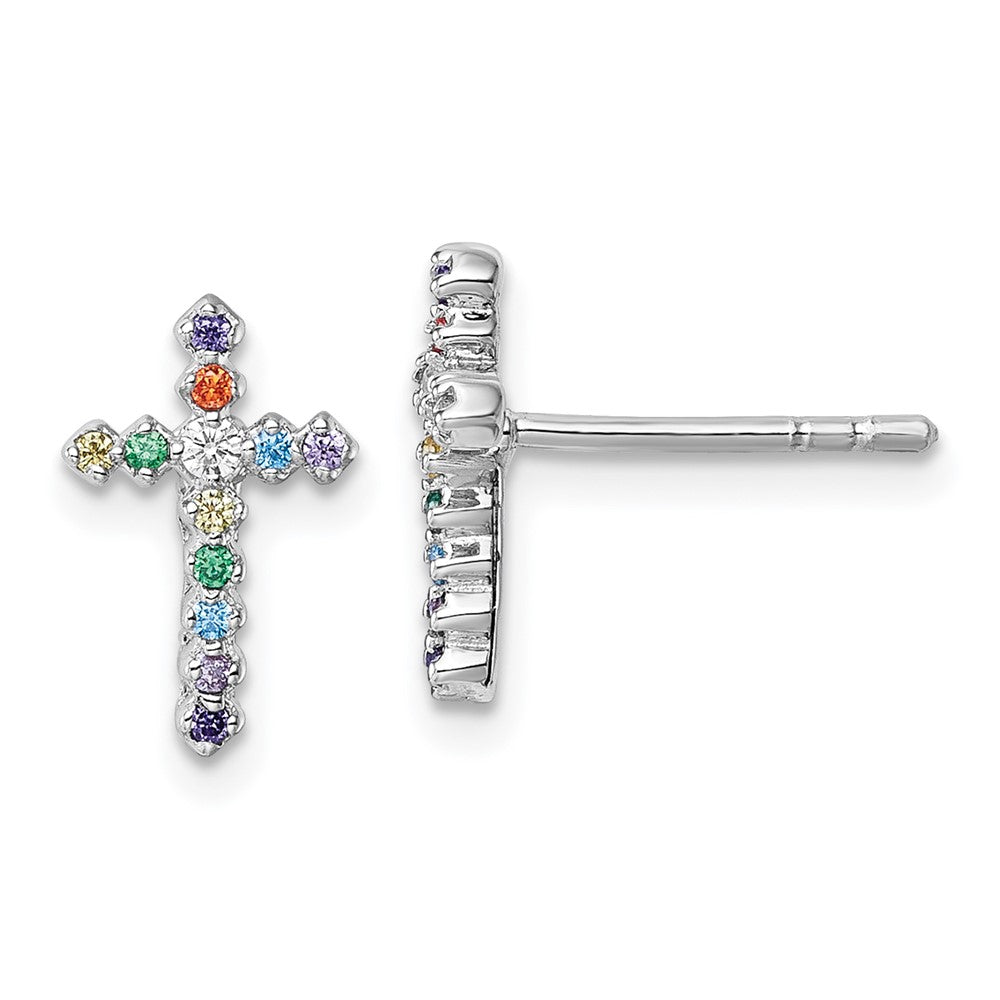 Sterling Silver Rhodium Plated Children's CZ Cross Post Earrings