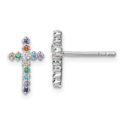 Sterling Silver Rhodium Plated Children's CZ Cross Post Earrings