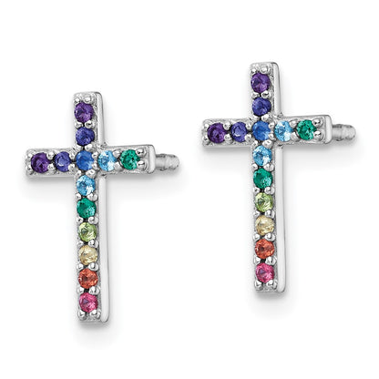 Sterling Silver Rh-Pl Multi Color Nano Crystal Children Cross Post Earrings
