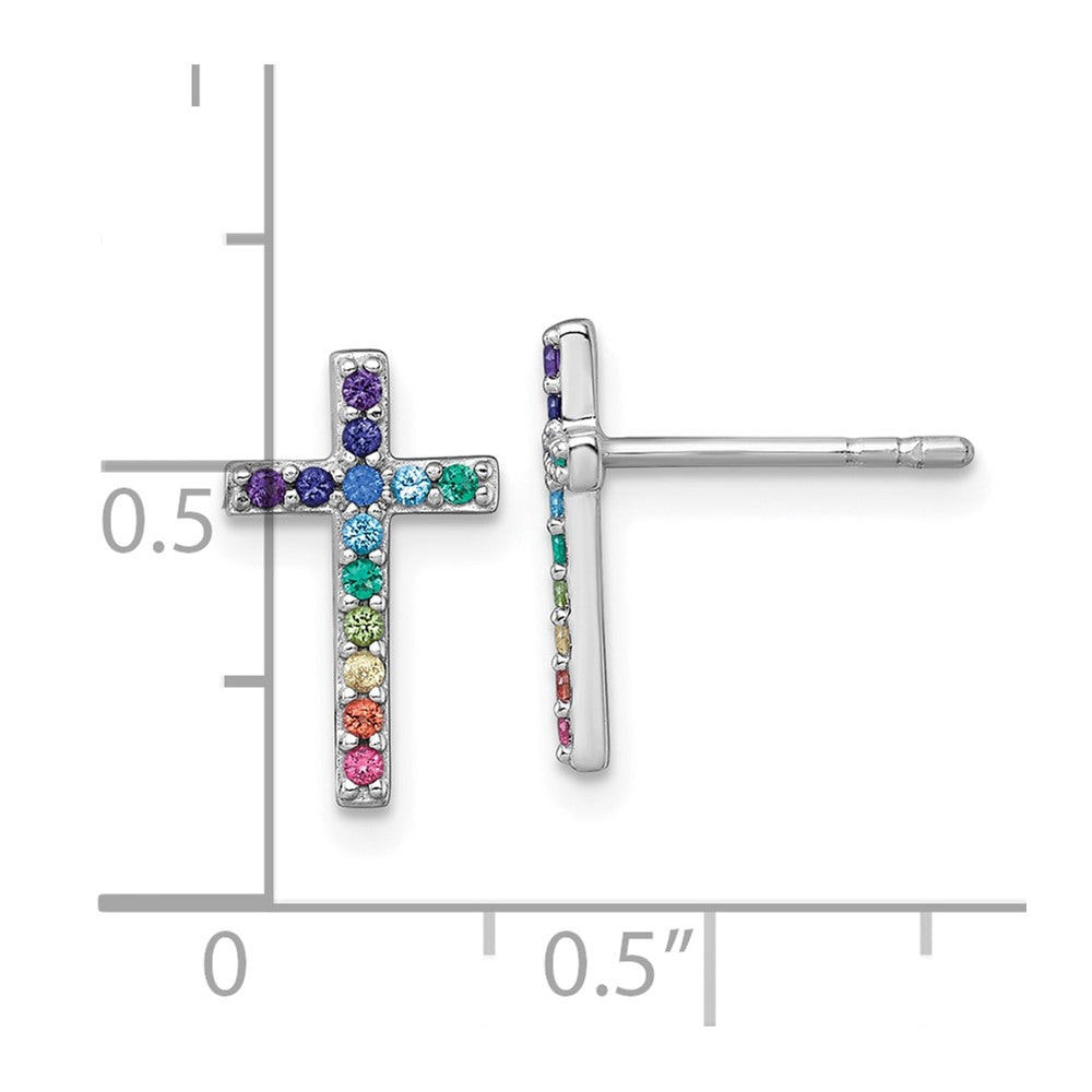 Sterling Silver Rh-Pl Multi Color Nano Crystal Children Cross Post Earrings