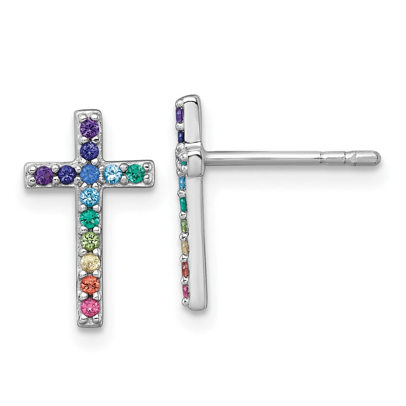Sterling Silver Rh-Pl Multi Color Nano Crystal Children Cross Post Earrings