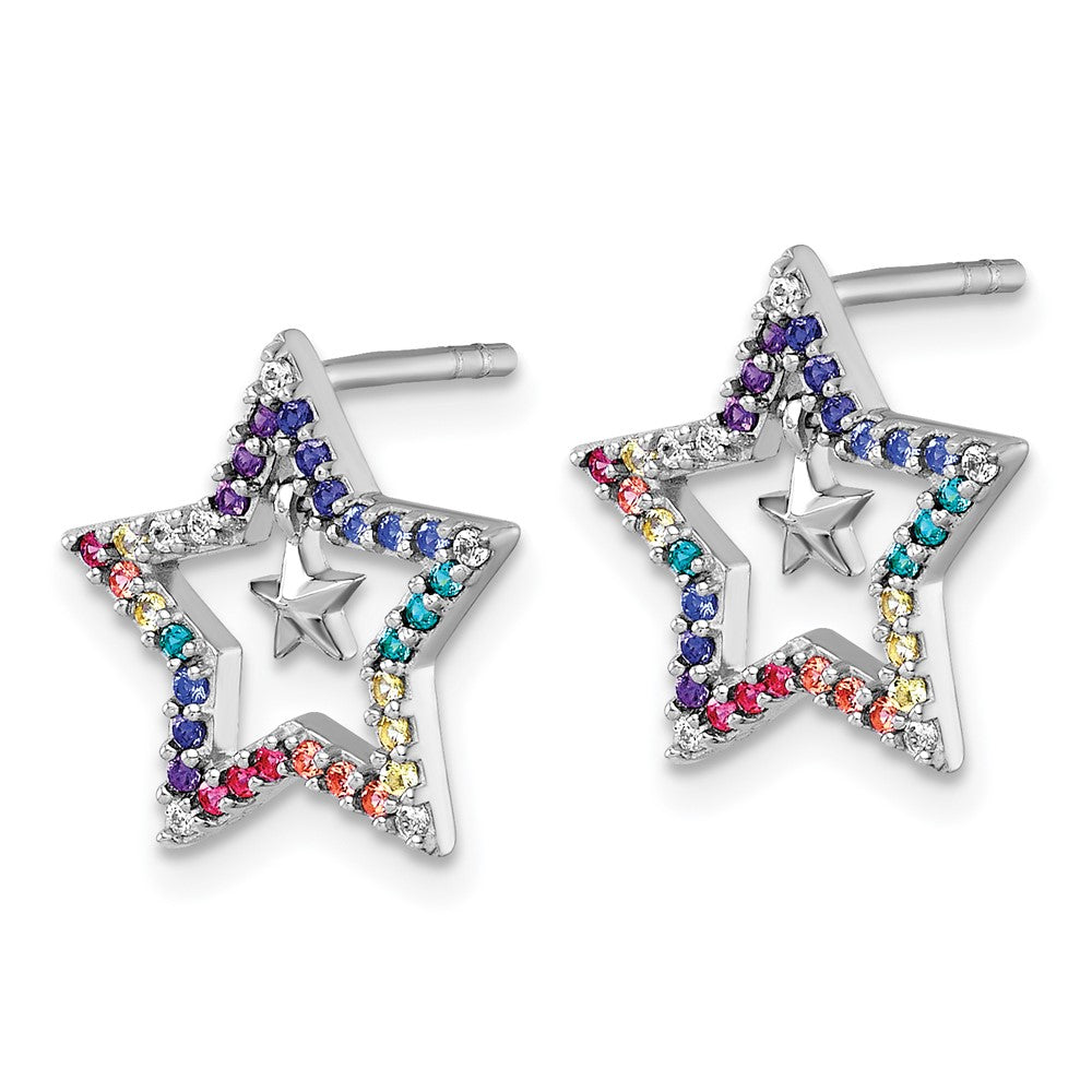 Sterling Silver Rh-Pl Color Nano Crystals Star W/ Mini Star Children's Post Earrings