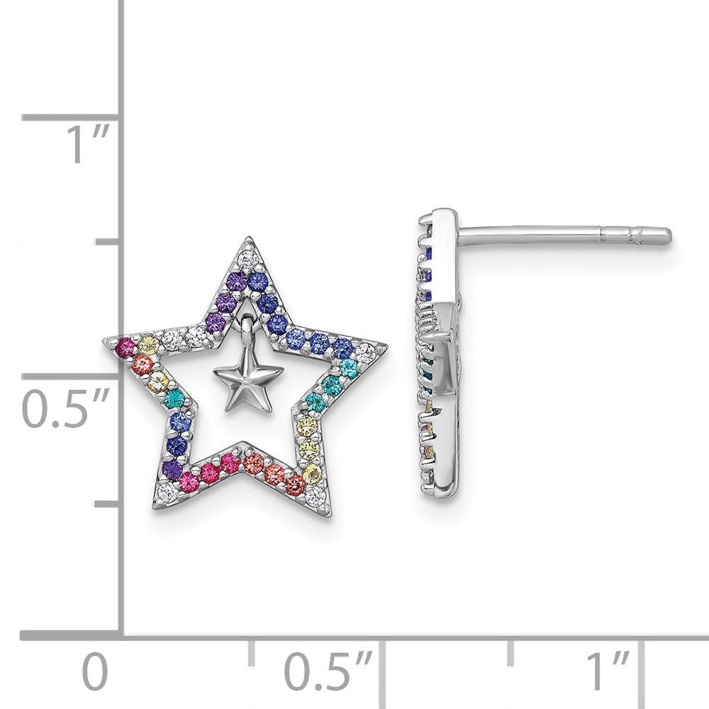 Sterling Silver Rh-Pl Color Nano Crystals Star W/ Mini Star Children's Post Earrings