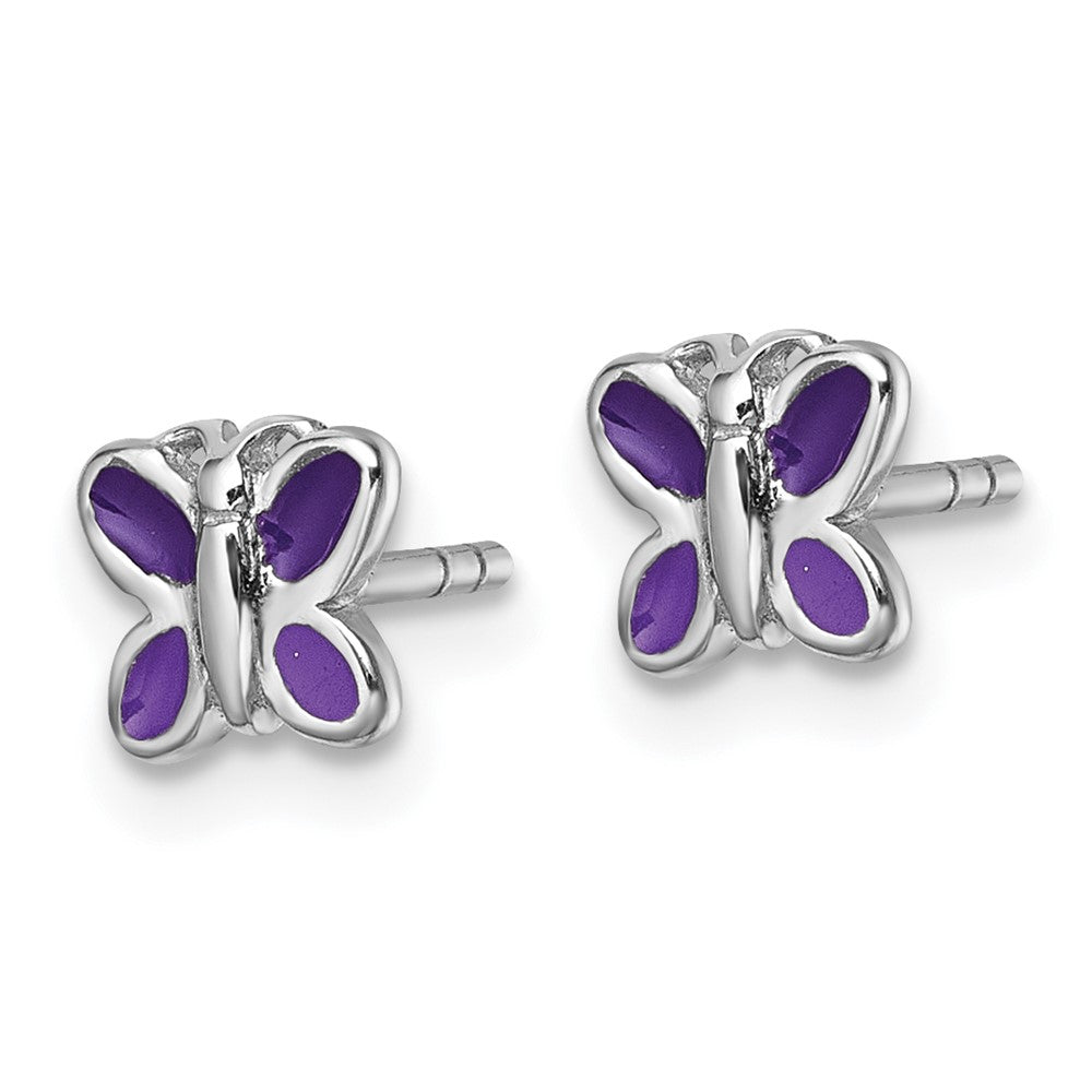 Sterling Silver Rhodium Plated Children's Enamel Butterfly Post Earrings