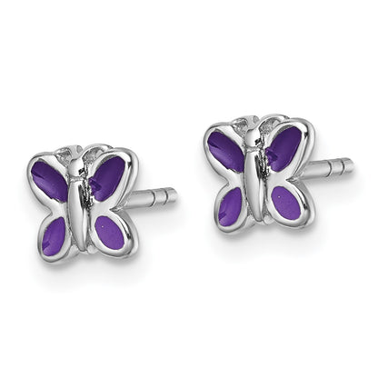 Sterling Silver Rhodium Plated Children's Enamel Butterfly Post Earrings