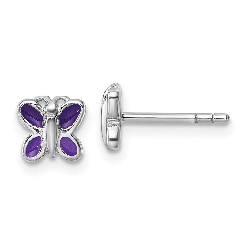 Sterling Silver Rhodium Plated Children's Enamel Butterfly Post Earrings