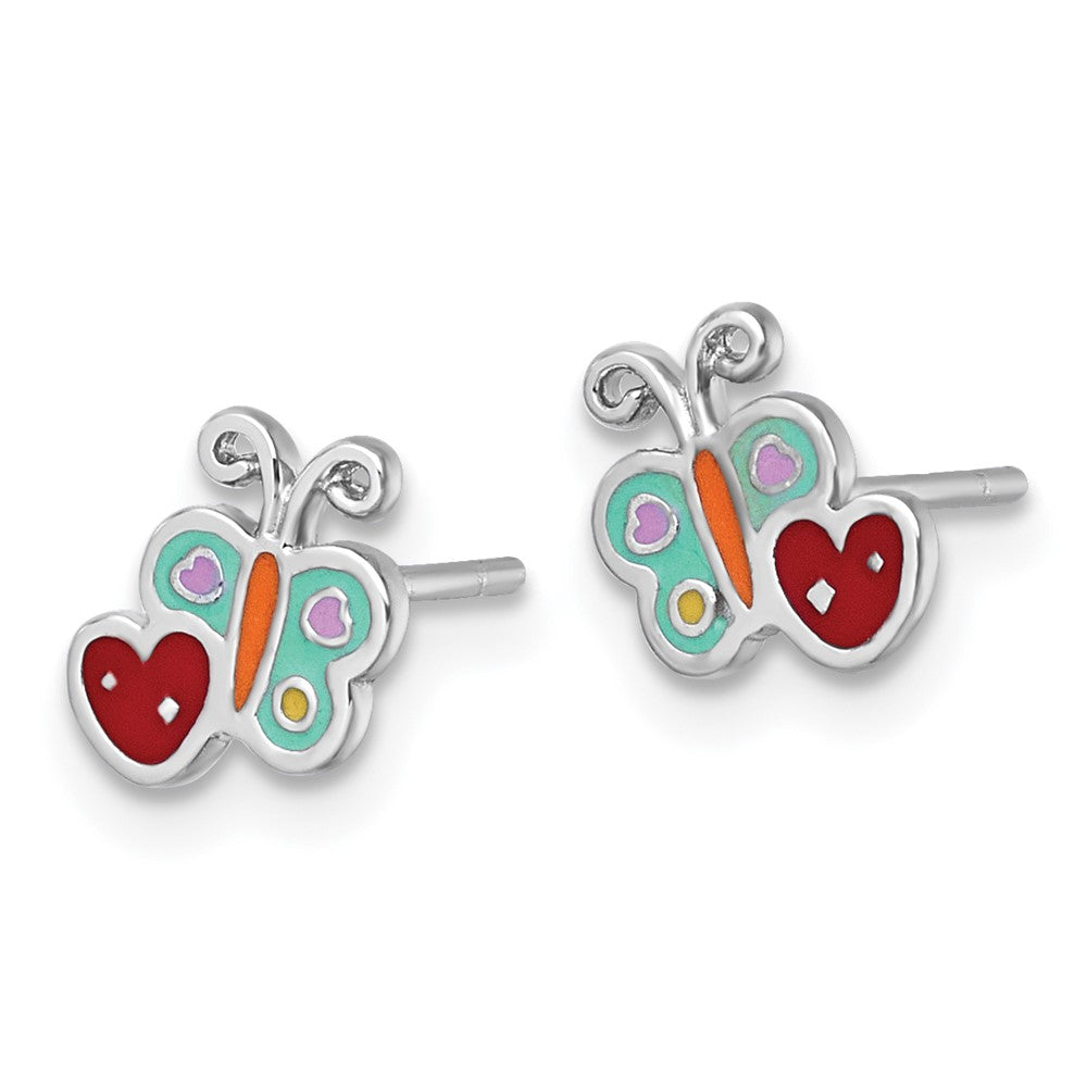 Sterling Silver Rh-Plat Enamel Butterfly and Heart Children's Post Earrings