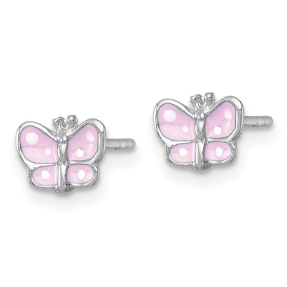 Sterling Silver Madi K Rhodium Plated Enamel Pink Butterfly Children's Post Earrings