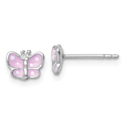 Sterling Silver Madi K Rhodium Plated Enamel Pink Butterfly Children's Post Earrings