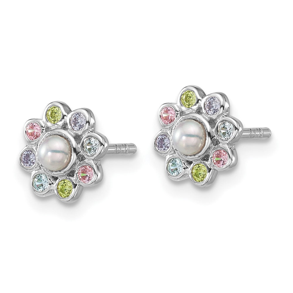 Sterling Silver Rhodium Plated Children's CZ and Fwc Pearl Post Earrings