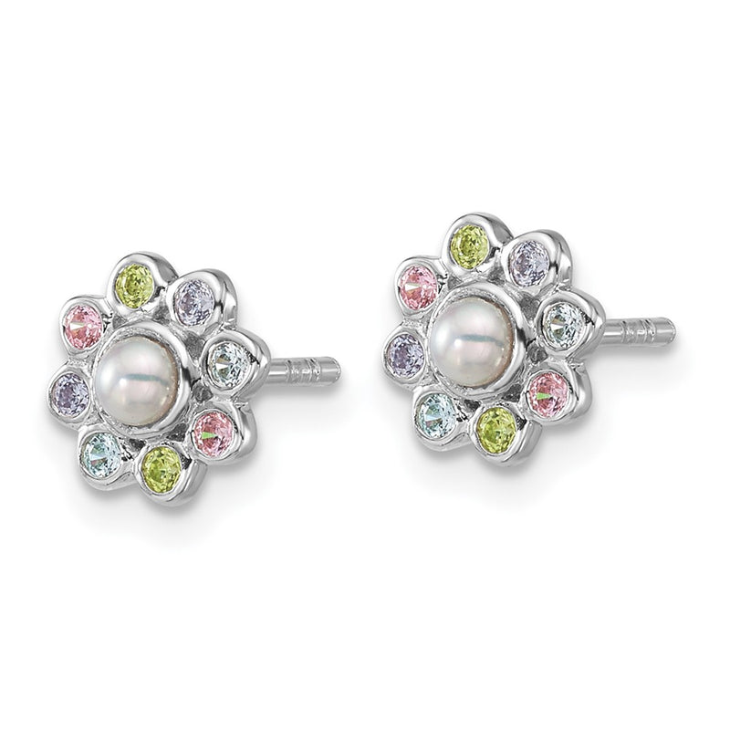 Sterling Silver Rhodium Plated Children's CZ and Fwc Pearl Post Earrings