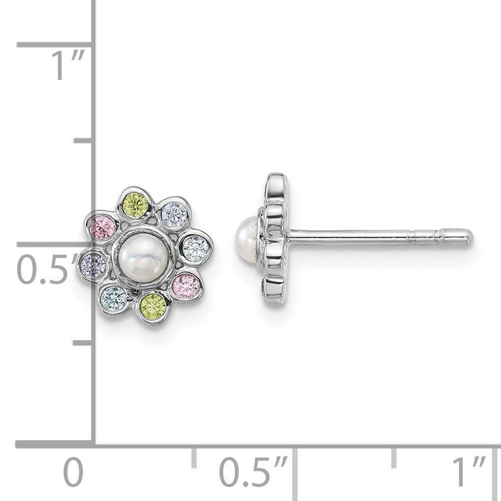 Sterling Silver Rhodium Plated Children's CZ and Fwc Pearl Post Earrings