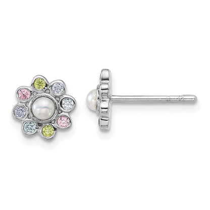 Sterling Silver Rhodium Plated Children's CZ and Fwc Pearl Post Earrings
