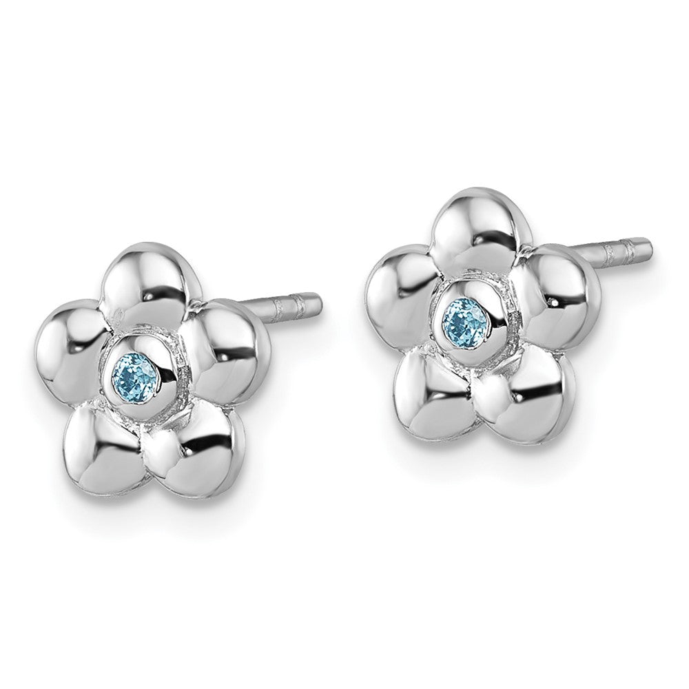 Sterling Silver Rhodium Plated Polished Blue CZ Flower Post Earrings