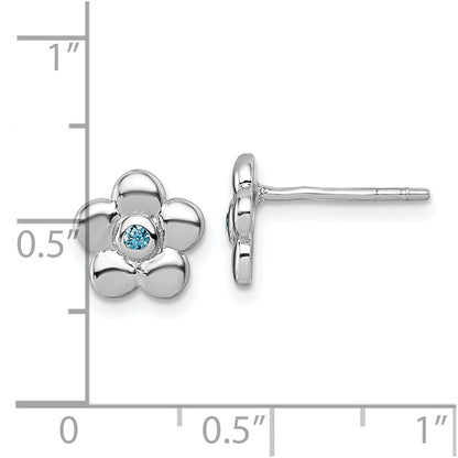 Sterling Silver Rhodium Plated Polished Blue CZ Flower Post Earrings