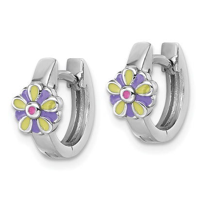 Sterling Silver Rhodium Plated Children's Enamel Flower Hinged Hoop Earrings