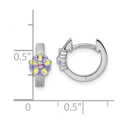 Sterling Silver Rhodium Plated Children's Enamel Flower Hinged Hoop Earrings