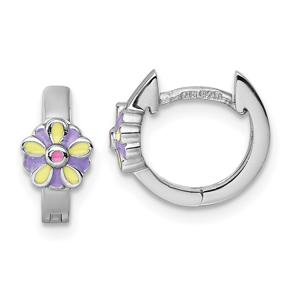 Sterling Silver Rhodium Plated Children's Enamel Flower Hinged Hoop Earrings