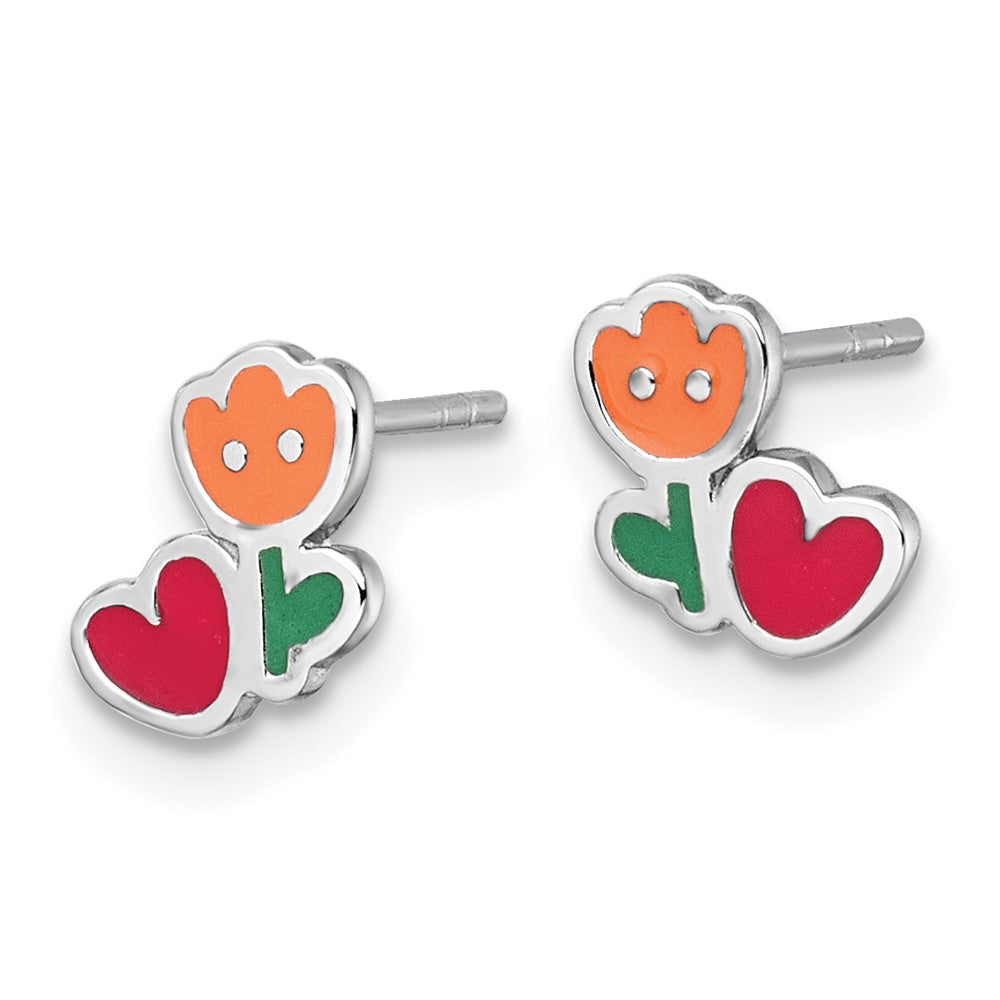 Sterling Silver Rhodium-Plated Enamel Flower Heart Children's Post Earrings
