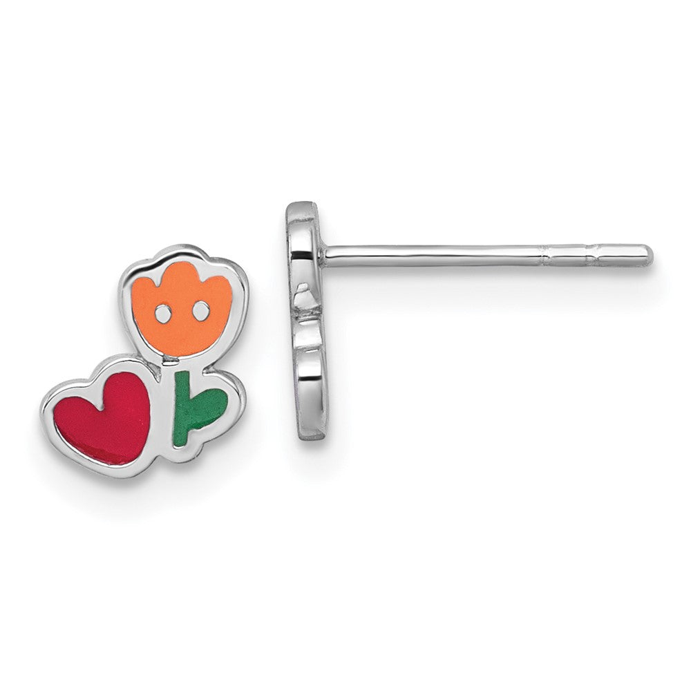 Sterling Silver Rhodium-Plated Enamel Flower Heart Children's Post Earrings