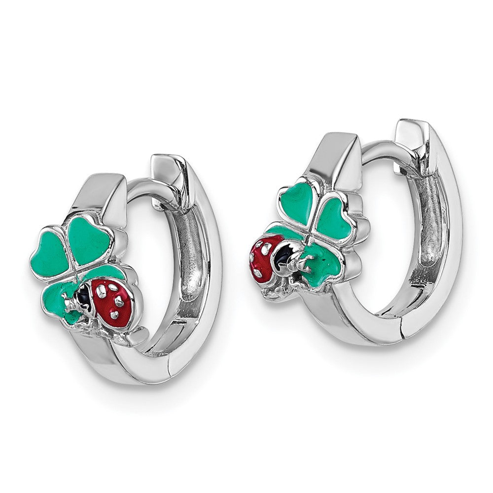 Sterling Silver Rhodium Plated Children's Enamel Ladybug Clover Hoop Earrings