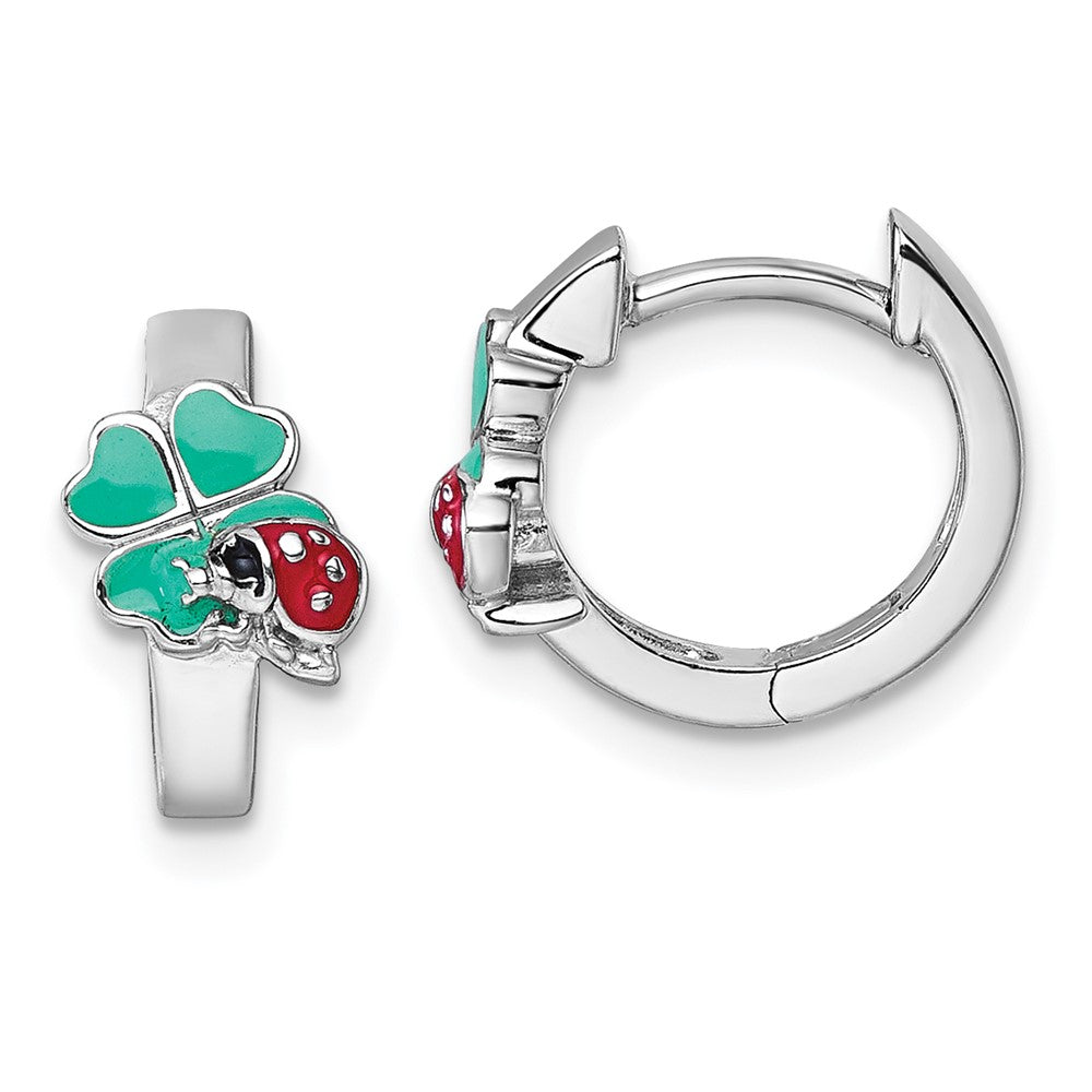 Sterling Silver Rhodium Plated Children's Enamel Ladybug Clover Hoop Earrings