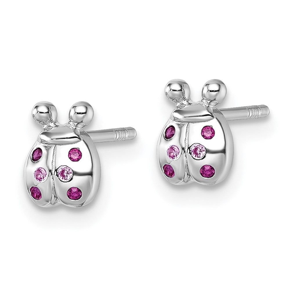 Sterling Silver Rh-Pl Children's Pink Red CZ Lady Bug Post Earrings