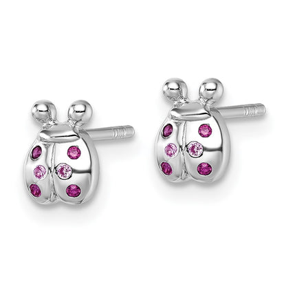Sterling Silver Rh-Pl Children's Pink Red CZ Lady Bug Post Earrings