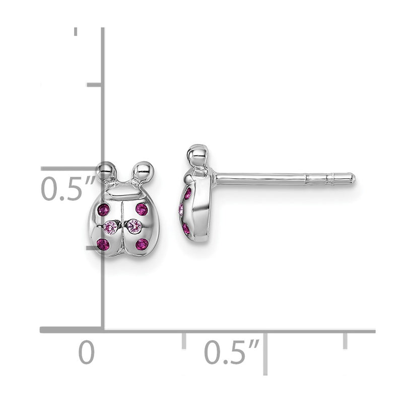 Sterling Silver Rh-Pl Children's Pink Red CZ Lady Bug Post Earrings