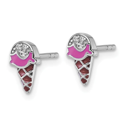 Sterling Silver Rhodium Plated Children's Enamel CZ Ice Cream Post Earrings