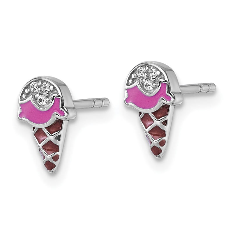 Sterling Silver Rhodium Plated Children's Enamel CZ Ice Cream Post Earrings