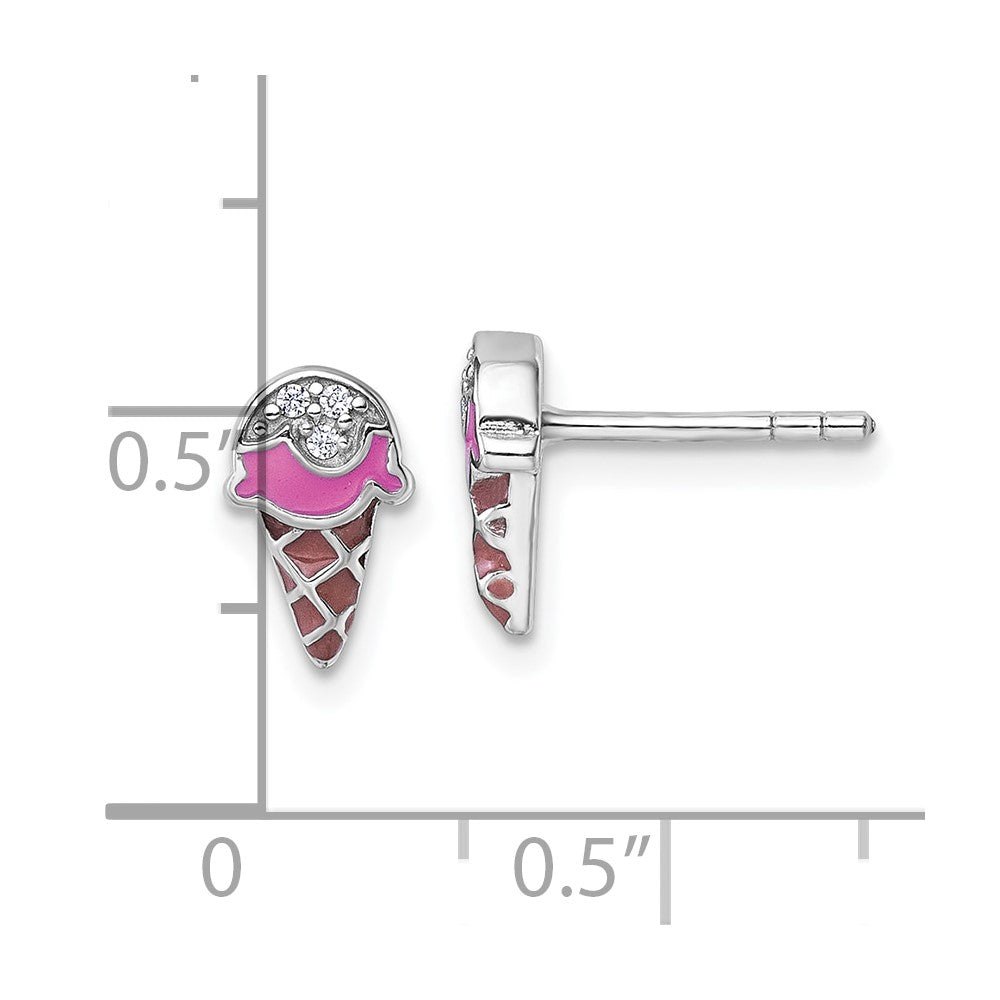 Sterling Silver Rhodium Plated Children's Enamel CZ Ice Cream Post Earrings
