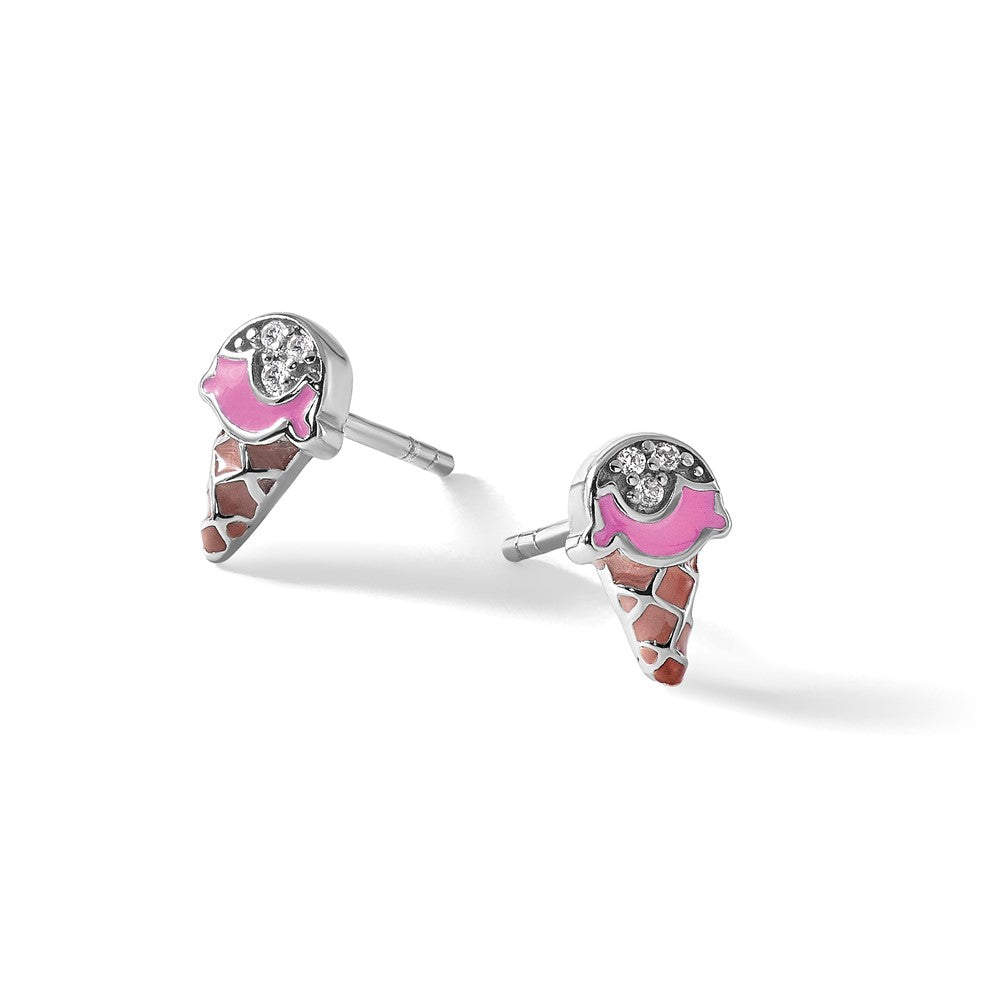 Sterling Silver Rhodium Plated Children's Enamel CZ Ice Cream Post Earrings