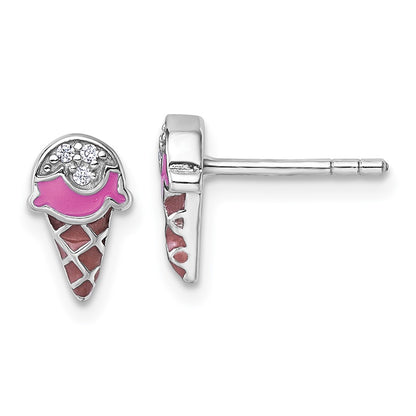 Sterling Silver Rhodium Plated Children's Enamel CZ Ice Cream Post Earrings