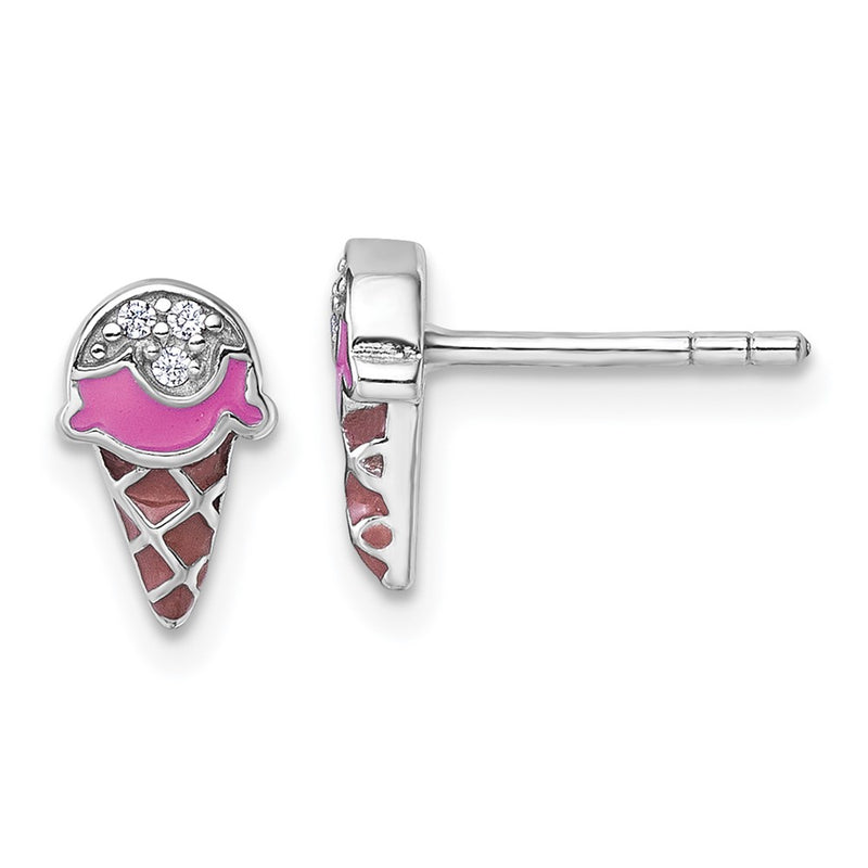 Sterling Silver Rhodium Plated Children's Enamel CZ Ice Cream Post Earrings