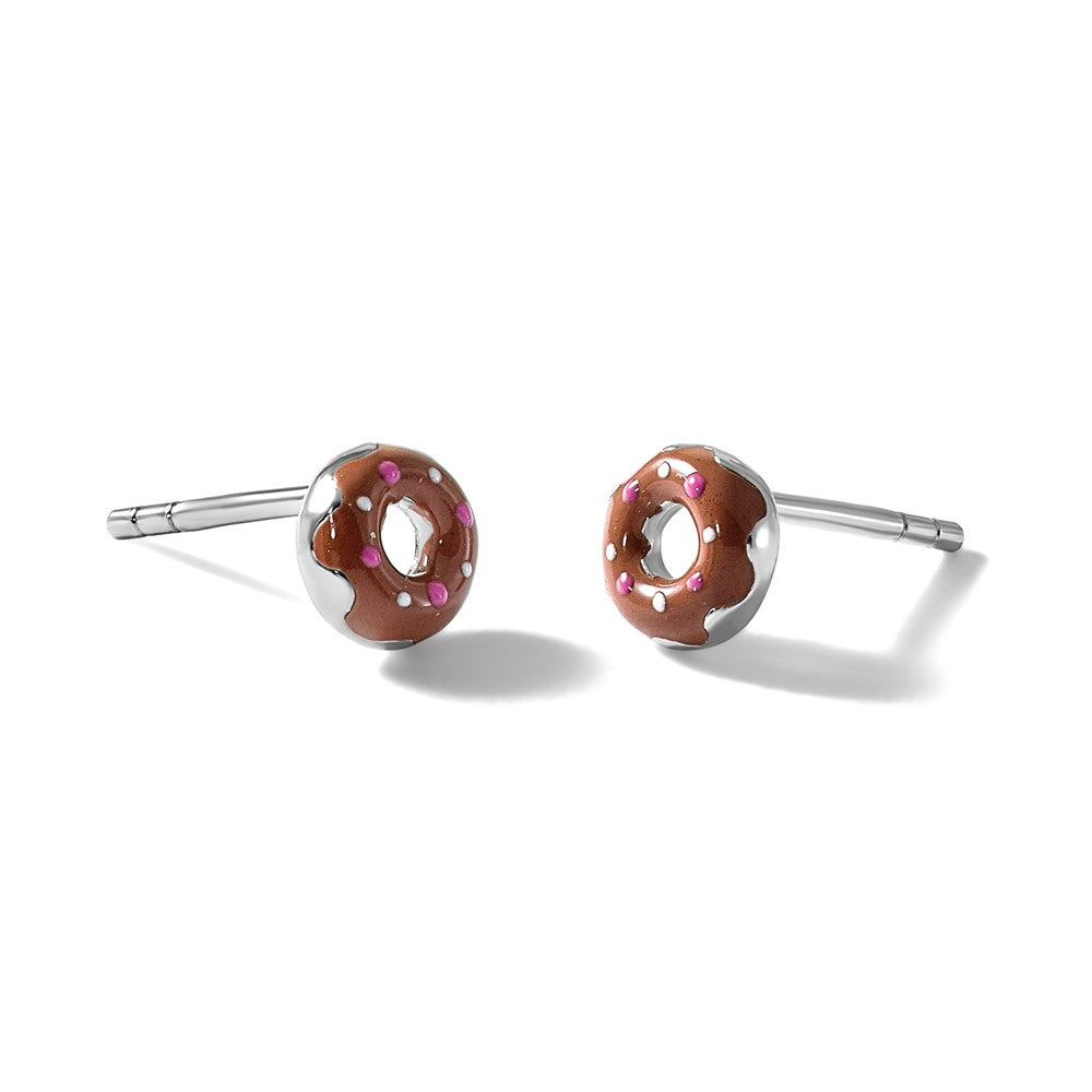 Sterling Silver Rhodium Plated Children's Enamel Donut Post Earrings
