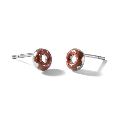 Sterling Silver Rhodium Plated Children's Enamel Donut Post Earrings