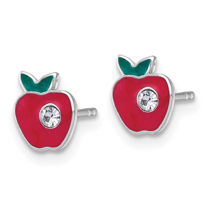 Sterling Silver Madi K Rhodium Plated Crystal Enamel Red Apple Children's Post Earrings